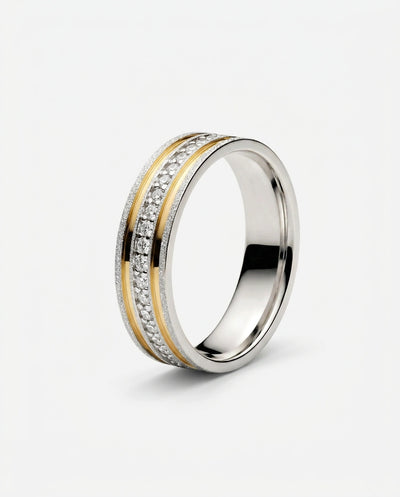 Aliança Reta Diamantada em Prata com Fio Duplo de Ouro Cravejada 6mm
