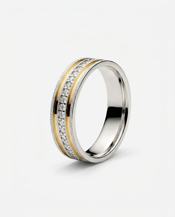 Aliança Reta Diamantada em Prata com Fio Duplo de Ouro Cravejada 6mm